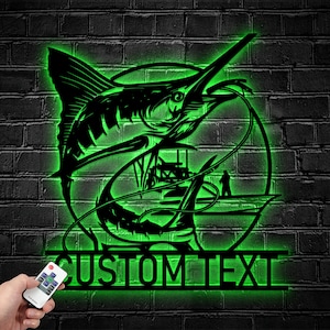 Custom Fishing Metal Wall Art With LED Light, Personalized Fisher Name Sign Room Decor, Fisherman Metal Light, Sword Marlin Fish Metal Light