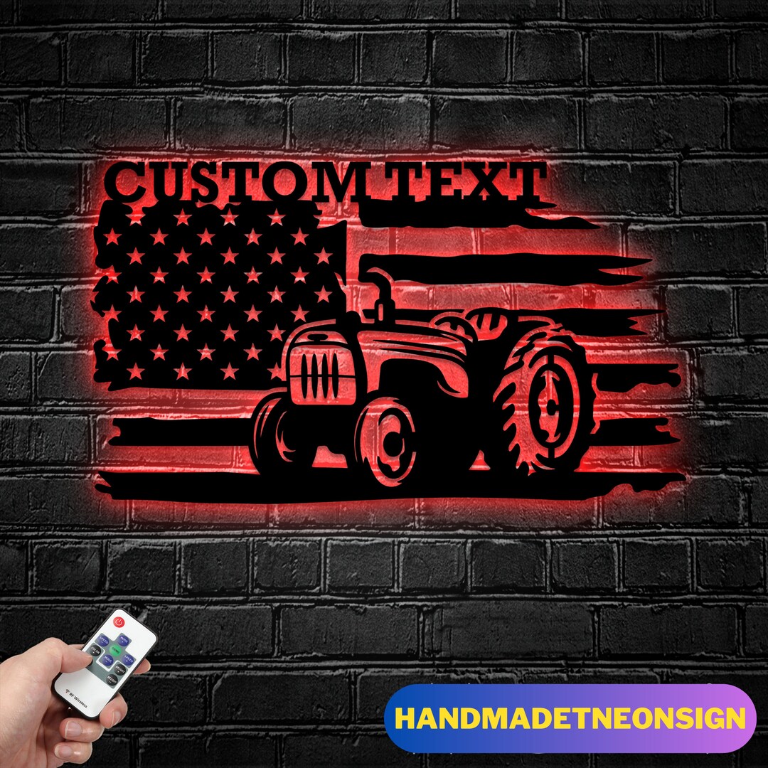 Personalized US Flag Farm Tractor Metal Wall Art LED Light Custom