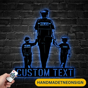Custom Son Father Daughter Police Officer Metal Wall Art LED Light - Personalized Policeman Name Sign Home Decor - Family Police - Best Gift