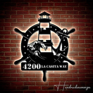 Personalized Lighthouse Home Number Metal Sign | Custom Lighthouse Address Metal Sign | Outdoor House Number | Lighthouse Address Sign