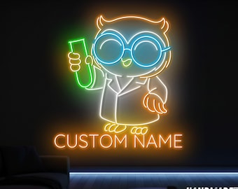 Owl Scientist Neon Sign: Education LED Light, Science Classroom Decor, Teacher Gift
