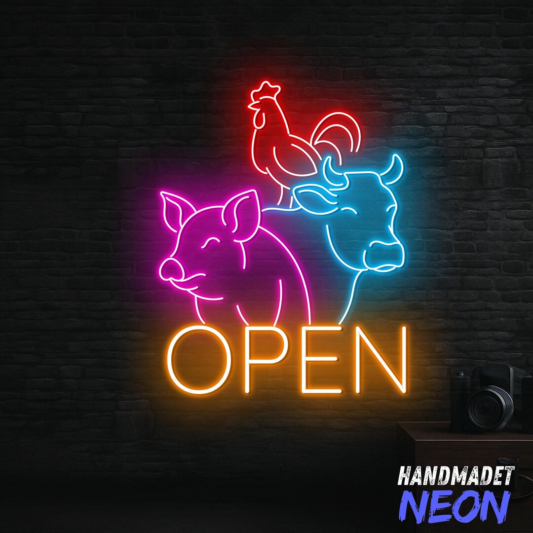 Butcher Shop Neon Sign, OPEN LED Light With Cow Pig Chicken, BBQ ...