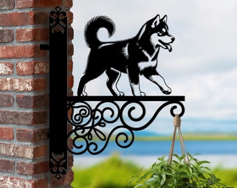 Soporte para colgar perros husky siberiano personalizado, soporte para cesta colgante para perros, soporte para colgar perros para jardín, letrero de metal para mascotas, decoración de jardín
