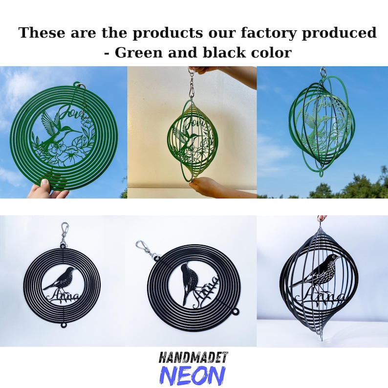 May include: A collection of green and black metal wind spinners. The green spinners feature hummingbird and floral designs, while the black ones showcase bird silhouettes. The word "Anna" is included on some of the spinners. The text "These are the products our factory produced - Green and black color" is at the top.