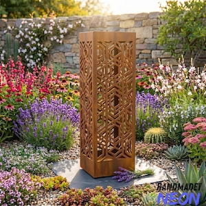 Hexagon Metal Garden Column, Abstract Yard Art Rusty Metal Sign, Modern Landscaping Backyard Gift