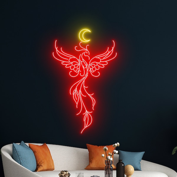 Fiery Phoenix Moon Neon Sign, Mythical Phoenix LED Sign, Tribal Firebird Neon Light, Flying Fire Bird LED Light, Room Wall Art Decor Light