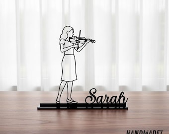 Decoración de escritorio de metal personalizada con nombre de violinista, arte de metal personalizado de violinista, regalo para ella o amante del violín, decoración de estudio de música