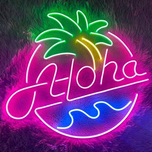 Aloha Neon Sign – Tropical LED Palm Tree and Wave Light for Beach Bar, Hawaii Party Decor, Summer Wall Art, Custom Palm Tree Decor Neon Sign