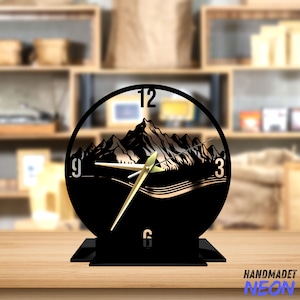 Custom Black Mountain Tabletop Metal Clock Mountain Office Desktop Clock, Mountain Desk Circle Clock, Bookshelf Decor, Clock Home Decor
