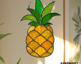 パイナップルステンドグラスサンキャッチャー（窓飾り）、トロピカル