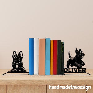 Custom Scottish Terrier Metal Bookends Dog Name Bookend, Dog Table Sign, Bookshelf Decor, Book Lover Gift, Dog Metal Desk Decor, Home Decor
