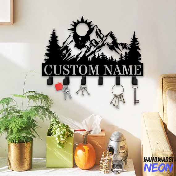 Custom Mountain Range Summit Key Holder Wall Hanger, Forest Metal