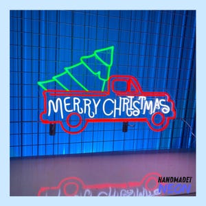 Merry Christmas Truck Neon Sign, Christmas Tree Farm Led Sign, Merry Christmas Tree Delivery Neon Light, Happy New Year Room Wall Art Decor