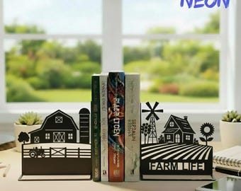 Personalized Farmhouse Metal Bookends, Custom Name Book Stopper with Farmhouse, Housewarming Gift For Farmer, Library Decor, Farmhouse Decor