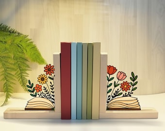 Floral Metal Bookends, Elegant Flower Design Wood Book Holder for Home Library, Minimalist Book Shelf Decor Gift