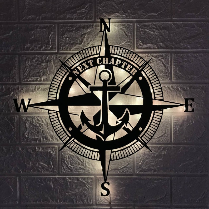 Custom Nautical Compass and Anchor Metal Wall Art LED Light ...