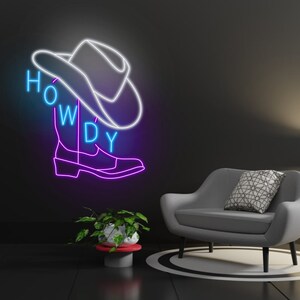 Howdy neon sign, cowboy hat sign, western led sign, North American greeting neon light, cowboy party decor led light