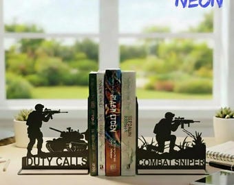 Personalized Military Metal Bookends, Custom Soldier Book Stopper with Name, Gift For Him or Military Lover, Desk Office Decor
