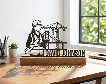 Decoración de escritorio metálica personalizada para ingeniera civil femenina, arte metálico de arquitecta de construcción sobre base de madera, decoración de escritorio de oficina