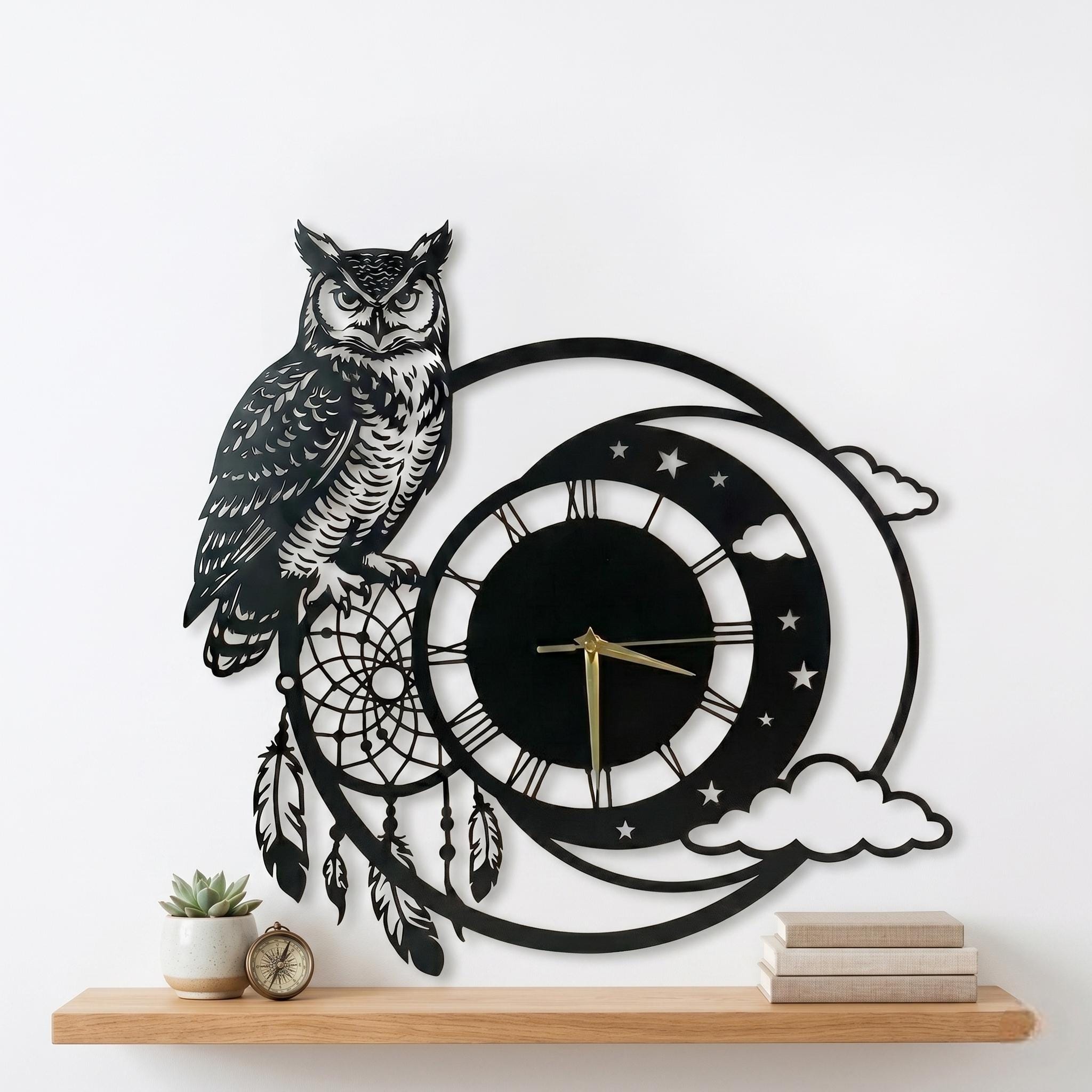 Owl Dreamcatcher Metal Wall Clock, Moon Wall Art, Mystic Home Decor