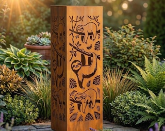 Colonna da giardino in metallo personalizzata a forma di bradipo, scultura decorativa da giardino a forma di animale, decorazione per gli amanti dei bradipi.