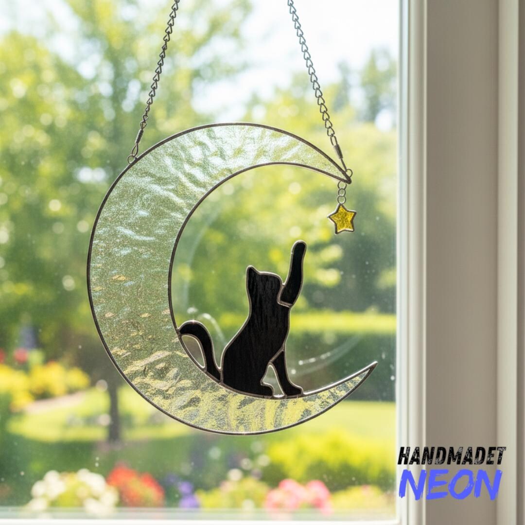 Cat Stained Glass Suncatcher: Handmade Window Hanging With Star, Glass ...