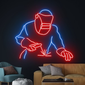 Custom Welding Neon Sign LED Light, Personalized Welder Sign Home Decor, Welder Work in Mask Metal Sign, Room Wall Art Decoration Active