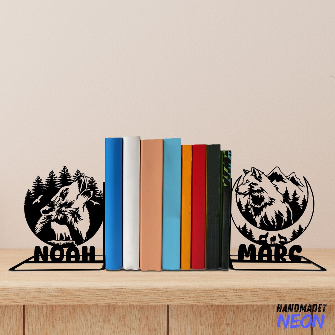 Custom Wolf Metal Bookends, Wolf Moon Name Bookend, Wolf Forest Table ...