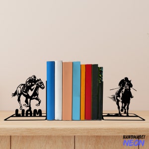 Custom Horse Racing Metal Bookends, Horse Racer Name Bookend, Horse Table Bookshelf Home Decor, Horse Racing Book Lover, Back To School Gift