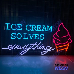 Ice cream solves everything neon sign, Ice cream shop neon sign, Ice cream art sign, Cafe decoration sign