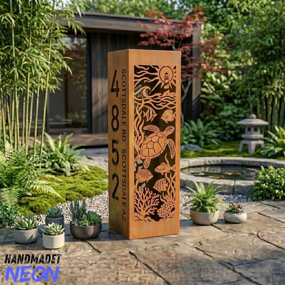 Turtle Column Personalized Sea Turtle Garden Column, Metal House Number Address ...