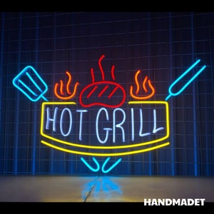 Hot Grill Neon Sign, BBQ Neon Light, Barbecue Led Light, Grill Led Sign, Fire Meat Room Wall Decor, Restaurant Neon Light, Food Led Sign
