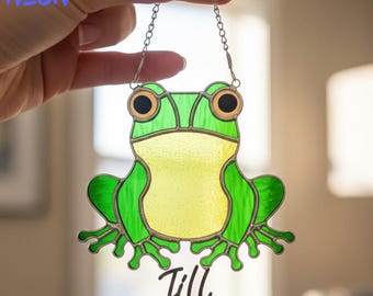 Frog Stained Glass With Custom Name, Frog Hanging Animal Suncatcher, Unique Gift for Garden and Nature Lover Home Decor