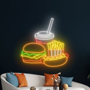 Fast Food Neon Sign, Burger Hotdog French Fries Led Sign, Fast Food Store Led Light Decor, Fast Food Shop Restaurant Wall Room Decor
