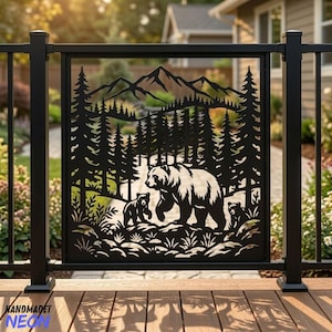Custom Bear Metal Railings, Mountain Balcony Panels Decor, Forest Privacy Screen Sign, Rustic Cabin Art Decor