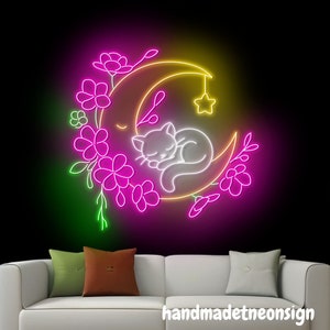 Cherry Blossom Moon And Cat Neon Sign, Cat Sleeping Led Sign, Moon Neon Light, Florist Led Light, Japan Culture Wall Art, Home Wall Decor