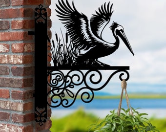 Soporte colgante de pelícano personalizado, soporte de cesta colgante de pelícano, soporte colgante de pelícano para jardín, letrero de metal de pájaro para decoración de jardín