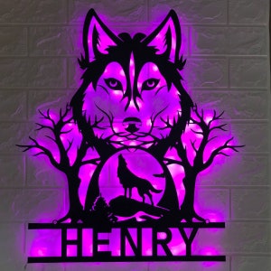 Custom Wolf In Forest Metal Wall Art LED Light - Wolf Moon Sign Home Decor personalizado - Wolf Dog in Mountain Metal LED Sign - Los mejores regalos