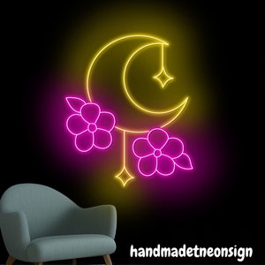 Cherry Blossom And Moon Neon Sign, Japanese Flower Led Sign, Moon Neon Light, Florist Led Light, Japan Culture Wall Art, Home Wall Decor