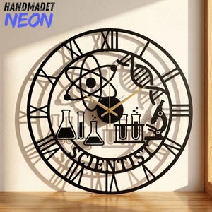 May include: A black circular wall clock featuring Roman numerals and a science-themed cutout design. The center displays an atom, a DNA strand, laboratory glassware, and a microscope. The word SCIENTIST is printed at the bottom with gold hands.
