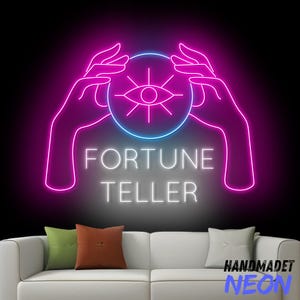 Insegna al neon cartomante, insegna a LED per letture psichiche, luce al neon psichica, luce a LED per lettura dei tarocchi, arte murale con palme, decorazione murale per la casa con la fortuna