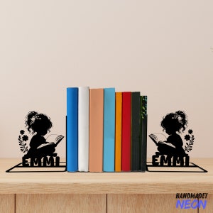 Custom Girl Reading Book Metal Bookends, Bookworm Name Bookend, Read Book Table Sign, Book Lover Bookshelf Home Decor, Back To School Gift
