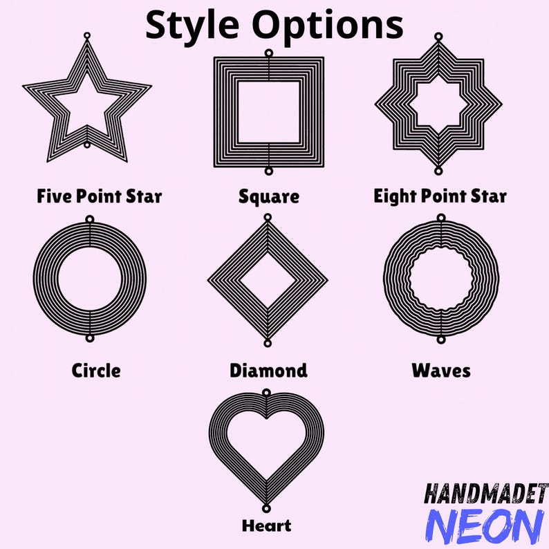 Puede incluir: Imagen que muestra siete opciones de estilo de luz de ne&oacute;n: una estrella de cinco puntas, un cuadrado, una estrella de ocho puntas, un c&iacute;rculo, un diamante, ondas y un coraz&oacute;n. El texto "Style Options" est&aacute; en la parte superior y "HANDMADET NEON" en la inferior.