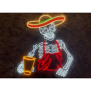 Mexican Skeleton Drinking Tequila Led Sign, Tequila Mexico Skeleton Neon Sign, Sombrero Hat Death Neon Light, Tequila Led Light Room Decor