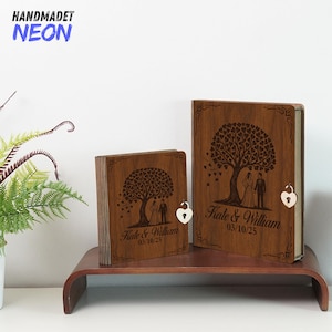 Personalized Wooden Wedding Memory Book, Custom Engraved Memory Box with Tree and Çouple Design, Wedding Gift