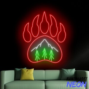 Letrero de neón con forma de pata de oso y montaña, letrero LED con forma de pata de oso, luz de neón con forma de bosque de montaña, luz LED con forma de pata de oso, arte de pared con vida salvaje, decoración de pared para el hogar