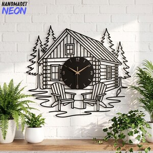 Custom Log Cabin Metal Wall Clock, Mountain Pine Tree Wall Art Sign, Camp Country Home Decor