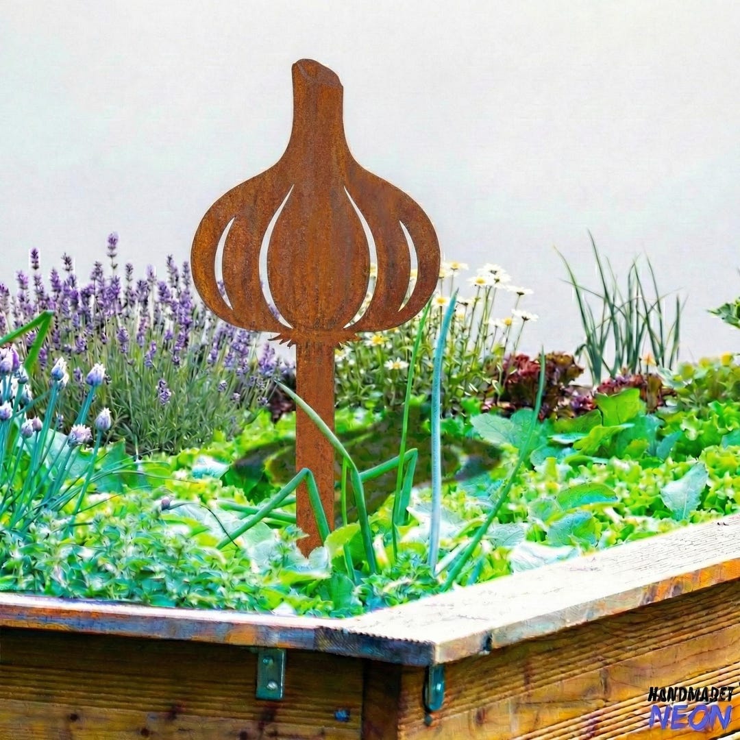 Garlic Metal Garden Stake, Kitchen Garden Decor, Rustic Garlic Sign ...