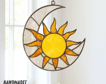 Sun Stained Glass Suncatcher, Handmade Sun Window Hanging, Glass Art Gift Ideas for Home