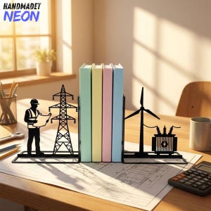 Könnte beinhalten: Ein Paar Buchstützen aus schwarzem Metall mit Silhouetten eines Elektroingenieurs mit Bauplan, eines Strommasts, einer Windkraftanlage und eines Transformators, die vier Bücher mit hellen Buchrücken stützen.